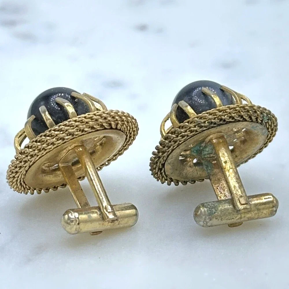 Men Vintage Gold Tone Mesh Contour Gray Inlay Round Bullet Back Cufflinks